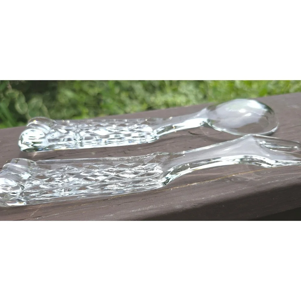 Vintage Clear Pressed Glass Salad Servers Set Diamond Pattern Spoon Fork